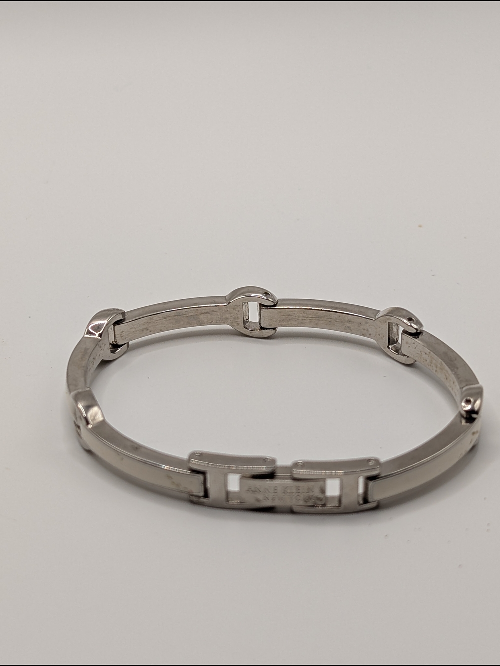 Anne Klein New York Silver Tone White Enamel Link Bracelet  Signed